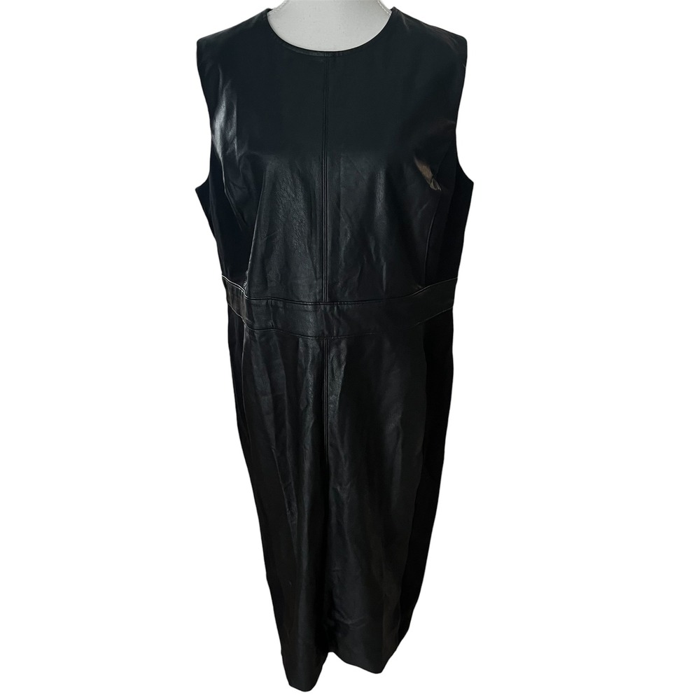 SPANX Faux Leather Combo Midi Sheath Dress Stretch Sleeveless Luxe Black size 1X - Picture 2 of 7